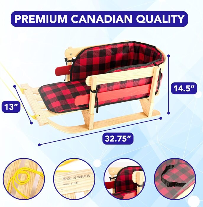 Wooden Snow Sled with Cushion Seat and Pulling Rope, Made of Premium Canadian Ash Hardwood, Steam Bent for Heirloom Quality – Prince George