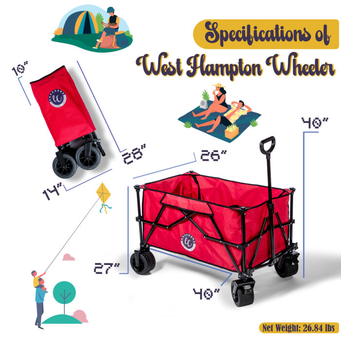 Foldable Beach Wagon Heavy Duty 40-inch Folding Wagon Cart 220 lbs Capacity, Second Deck Design with Straps